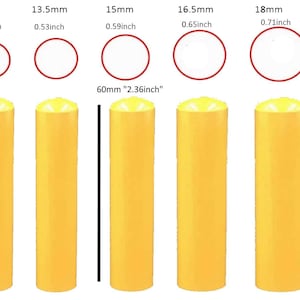 May include: An image showing five yellow cylindrical objects with rounded tops, each with a different diameter, ranging from 0.47 inches to 0.71 inches. Above each cylinder is a red-outlined circle representing the diameter. A black line indicates a length of 2.36 inches.