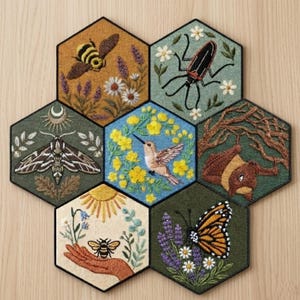 May include: A collection of seven hexagonal embroidered fabric panels featuring nature-themed designs including a bee, a beetle, a moth, a hummingbird, a squirrel, a hand holding a bee, and a butterfly, all surrounded by various floral elements.