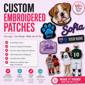 May include: Custom embroidered patches featuring various designs including a bulldog face, a blue paw print with the name MAX, the name Sofia, a name tag with the Australian flag, a camera with the name Julie, and two pairs of baseball players.