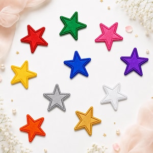 May include: A collection of ten embroidered star-shaped patches in various colors including red, green, pink, yellow, blue, purple, grey, white, orange, and gold, each featuring a stitched border and a textured fabric surface.
