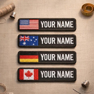 May include: Four rectangular embroidered patches with black borders. Each patch features a national flag on the left and the white text YOUR NAME on the right. The flags displayed are the United States, Australia, Germany, and Canada.