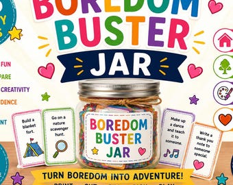 Boredom Buster Jar Printable for Kids, 128 Screen Free Activity Cards | Indoor Outdoor Activities Summer Boredom Buster Kids Activity Jar