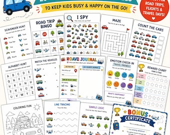 Road Trip Activity Kit for Kids Printable Travel Busy Book Toddler Screen Free Car Activities Ages 3–6 I Spy Maze Coloring pages PDF