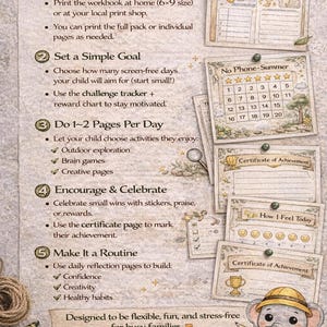 May include: A children's workbook with instructions on how to use it, including printing pages, setting goals, and making it a routine. The image features a calendar, achievement certificates, and an elephant illustration. Designed for busy families.