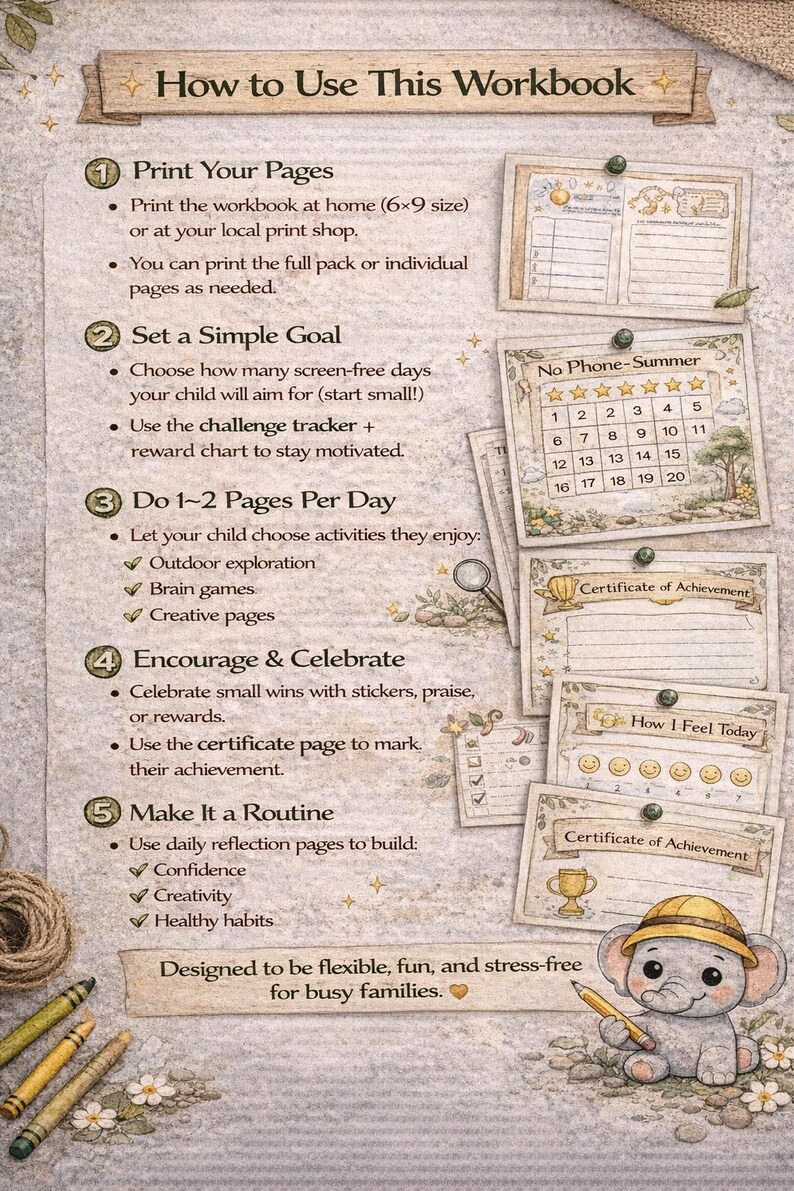 May include: A children's workbook with instructions on how to use it, including printing pages, setting goals, and making it a routine. The image features a calendar, achievement certificates, and an elephant illustration. Designed for busy families.