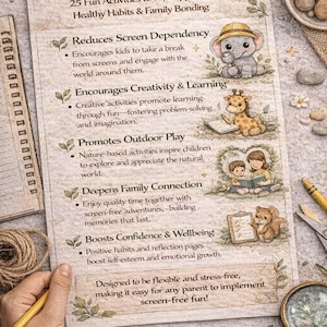 May include: A printed paper titled "Why Parents Love This" with text about activities to support healthy habits and family bonding. The paper has illustrations of animals and children. A magnifying glass and pencil are in the image.