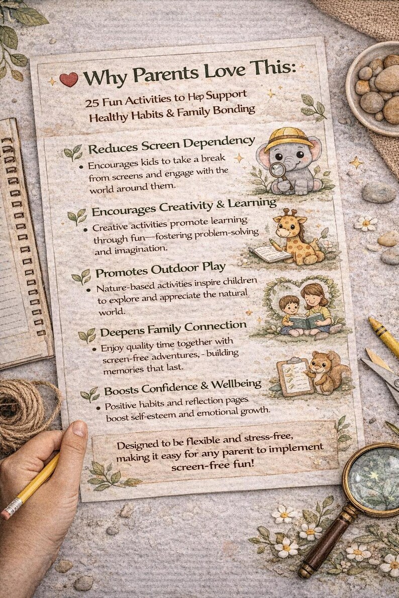 May include: A printed paper titled "Why Parents Love This" with text about activities to support healthy habits and family bonding. The paper has illustrations of animals and children. A magnifying glass and pencil are in the image.