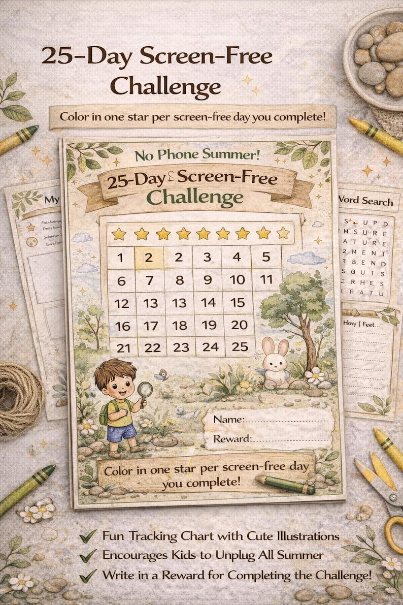 May include: A 25-day screen-free challenge chart with a calendar, stars, and illustrations of a boy and a bunny. The chart encourages children to unplug and includes space for a reward. Measurements are not applicable.