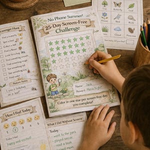 May include: A child's hand colouring a star on a "No Phone Summer! 25-Day Screen-Free Challenge" activity sheet. Other sheets include a scavenger hunt, outdoor bingo, and a "How I Feel Today" chart. The reward for completing the challenge is "Movie Night!"