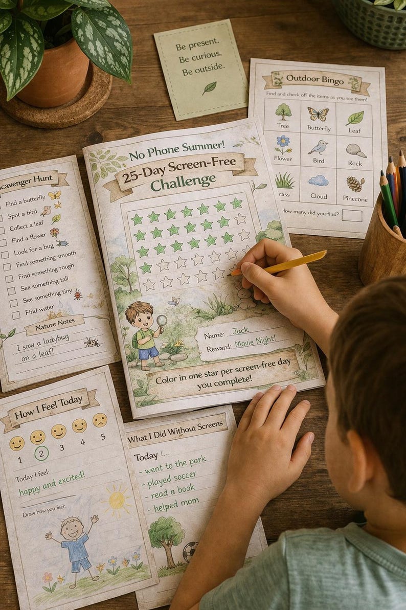 May include: A child's hand colouring a star on a "No Phone Summer! 25-Day Screen-Free Challenge" activity sheet. Other sheets include a scavenger hunt, outdoor bingo, and a "How I Feel Today" chart. The reward for completing the challenge is "Movie Night!"