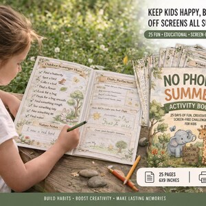 May include: A child is seen writing in a "No Phone Summer Activity Book" with a pencil. The book cover features an elephant and giraffe illustration. The book is 15 x 23 cm and contains 25 pages of fun, screen-free activities for kids.