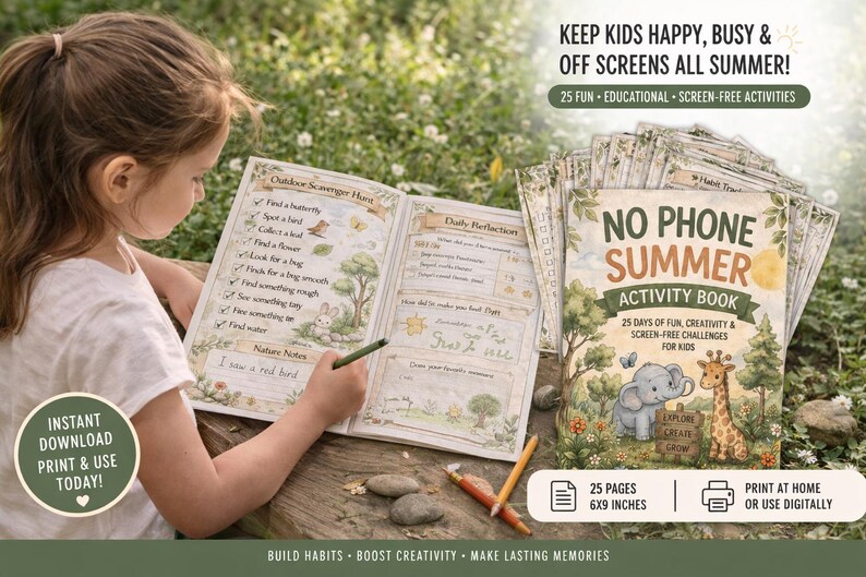 May include: A child is seen writing in a "No Phone Summer Activity Book" with a pencil. The book cover features an elephant and giraffe illustration. The book is 15 x 23 cm and contains 25 pages of fun, screen-free activities for kids.