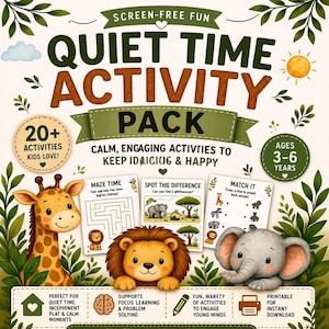 Può includere: Illustrazione colorata per un pacchetto di attività per bambini. L'immagine presenta il testo "Quiet Time Activity Pack" con "Screen-Free Fun" sopra. Il pacchetto include oltre 20 attività per bambini dai 3 ai 6 anni, con immagini di una giraffa, un leone e un elefante.