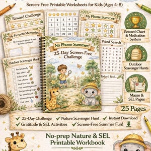 May include: A screen-free summer activity pack for children aged 4-8. The cover displays the text "No Phone Summer" and includes a 25-day challenge, nature scavenger hunt, and gratitude activities. The workbook has 25 pages and a reward chart.