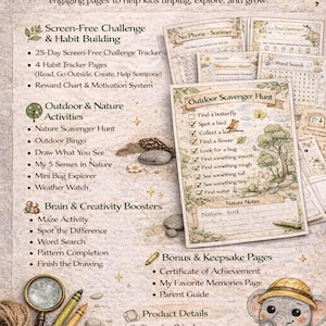 May include: A 25-page printable workbook, 15 x 23 cm, for children. It features screen-free challenges, outdoor activities such as scavenger hunts, and brain-boosting games. Includes an elephant illustration and the text "What's Included".