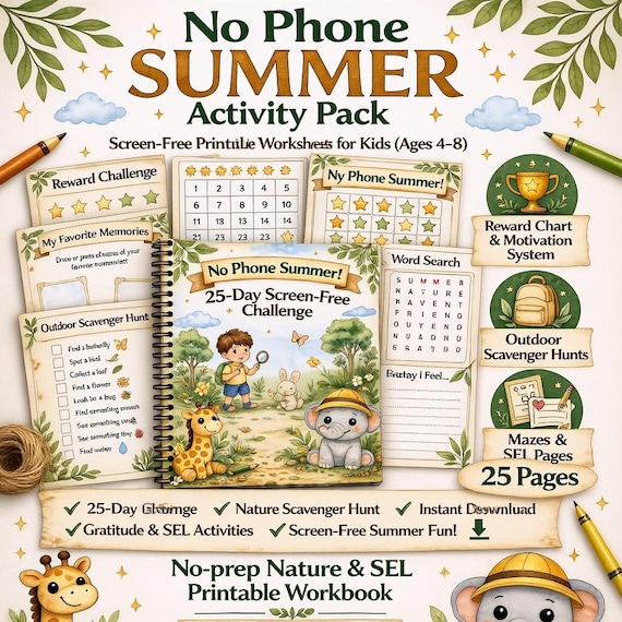 No Phone Summer Activity Pack | Screen-Free Kids Workbook | Summer Boredom Buster Printable | Kids Activity Book Ages 4-8 | Worksheets