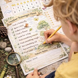 May include: A child is writing on a nature-themed scavenger hunt checklist. The checklist includes prompts like "Find a butterfly" and "Find water." The text "No Phone Summer! 25-Day Screen-Free Challenge" is at the top. A magnifying glass and crayons are nearby.