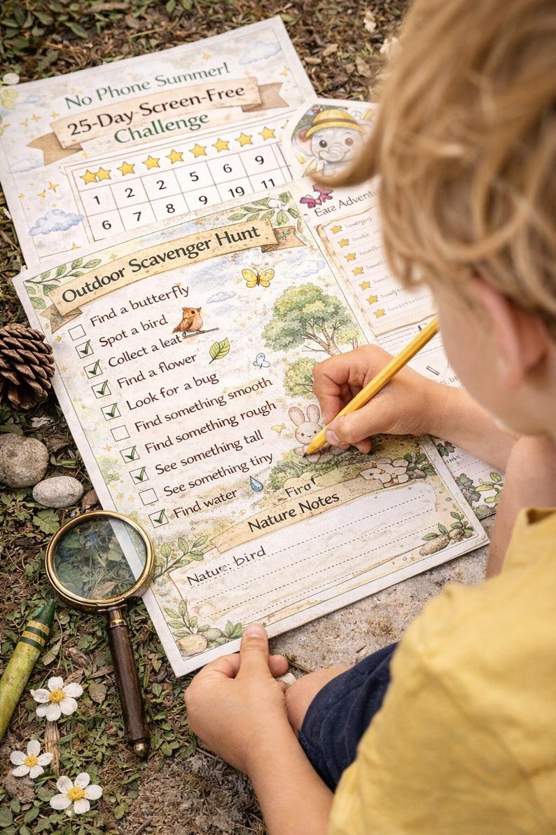 May include: A child is writing on a nature-themed scavenger hunt checklist. The checklist includes prompts like "Find a butterfly" and "Find water." The text "No Phone Summer! 25-Day Screen-Free Challenge" is at the top. A magnifying glass and crayons are nearby.