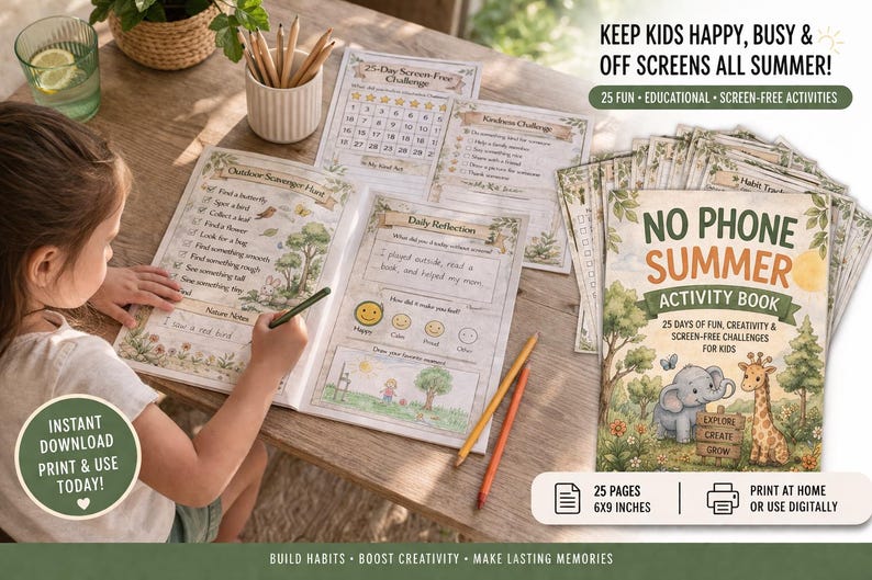 May include: A child is writing in a "No Phone Summer Activity Book" with an elephant and giraffe on the cover. The book contains 25 pages of fun, screen-free activities for children. Other pages include a 25-day challenge and a daily reflection page.