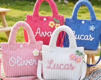 Gepersonaliseerde portemonnee voor peuters met schattige bedel aangepaste naam corduroy crossbodytas voor kinderen/handgemaakte garenletters/verjaardagscadeau voorschoolse opvangtas