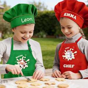 Personalized Kids Apron and Hat Set, Cooking Apron with Name Pockets, Custom Child Apron Gift for Cooking, Little Baker Birthday Gifts