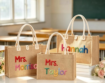 Personalized Burlap &Crochet Teacher Tote Bag,Custom Name Bag For Her,Teacher Appreciation Gift,End of Year Teacher Gift,Back to School Tote