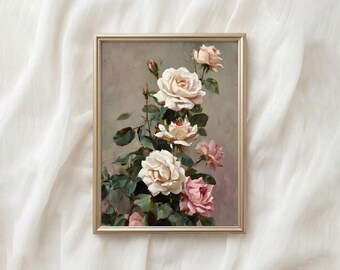Romantische Impasto Rosa Weiß Rose Malerei, Shabby Chic Französisch Country, Muttertag Digital Decor