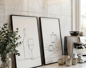 Schwarz und weiße Weinflasche, minimalistische Moka Skizze Set, digitale Küchen Wandkunst