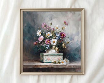 Vintage Impasto Kosmos Blumenmalerei, rustikale Pastell Shabby Chic Badezimmer Dekor, romantische druckbare Download