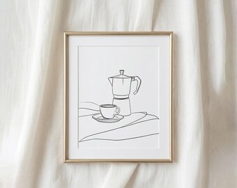 Kontinuierliche Linie Moka Pot Skizze, minimalistische Espresso Kunst, Küche & Esszimmer Wanddekoration