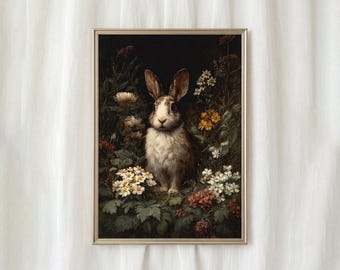 Charmante Vintage Kaninchen Kunstwerk, Stimmungsvolle Blumen Osterszene, Antikes Braunes Ölgemälde, Herunterladbares Dekor