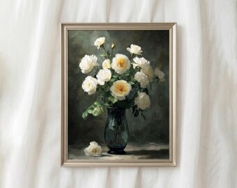 Druckbare weiße Rose Ölgemälde, stimmungsvolle Blumenmalerei, antikes Muttertagsgeschenk