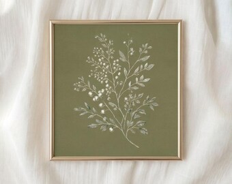 Vintage Salbei grüne botanische Skizze, minimalistische weiße Blumenzeichnung, rustikaler Cottagecore Eingangsbereich zum ausdrucken