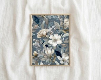 Elegantes Vintages Aquarell weiße Magnolie, staubblaue Leinwand Tapisserie, druckbare Blumenkunst in schäbiger Optik