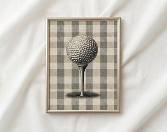 Digitale Vintage Golfball-Skizze, beiges Gingham-kariertes Muster, Preppy Sportverein-Wand-Dekor