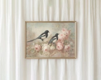 Vintage Elster und rosa Rosen Ölgemälde, Cottagecore Schlafzimmer Dekor, White Day