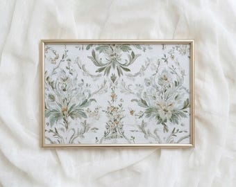 Eleganter salbeigrüner Damast, Weinleseblumenmuster, französisches Land botanisches Gewebe, herunterladbares Wanddekor
