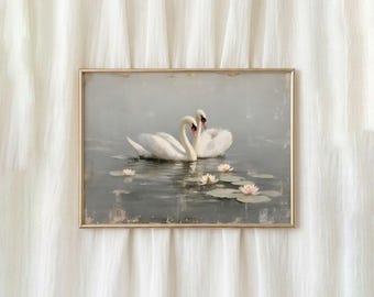 Pintura al óleo romántica de cisne vintage, nenúfar gris apagado, decoración digital imprimible para San Valentín.
