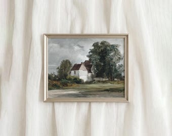 Stimmungsvolles, stimmungsvolles Ölgemälde eines Hauses, Landhauslandschaft, druckbares Dekor für Wohnzimmer
