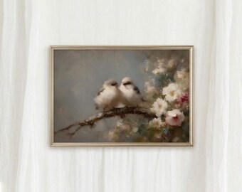 Vintage Pastell Lovebirds Ölgemälde, Blumen Cottagecore Blütendekor, druckbares Geschenk für Sie