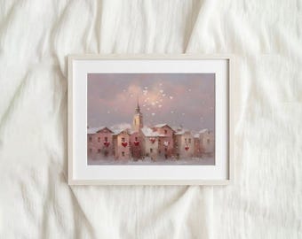 Pastellrosa Winterdorf Ölgemälde, Schlafzimmer Landschaft digitale Kunst, weißer Tag