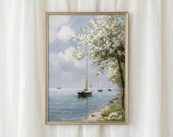 Pintura al óleo de un velero vintage: Arte náutico con árbol de flores blancas (descarga digital)