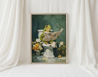 Lustiger Frosch auf Toilette, vintage Impasto-Gemälde, lustiges grünes Badezimmerdekor, herunterladbar