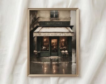 Pintura al óleo de un café parisino vintage con un tono marrón oscuro y melancólico, arte mural para la entrada, descarga digital