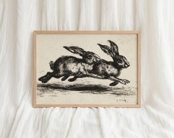Vintage Skizze eines laufenden Hasen, antiker monochromer Hasen Radierung, rustikale Cottagecore Ostern, druckbare digitale Kunst