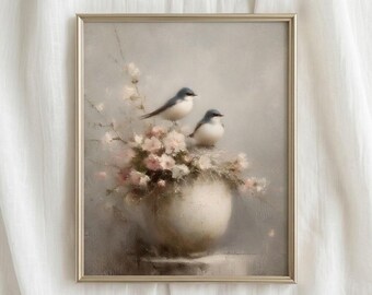 Vintage Elster Vogel Druck - pinke Rose Ölgemälde, Cottagecore Dekor (digitaler Download)