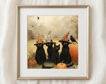 Digitale Vintage schwarze Katze Halloween Wandkunst, rustikaler Herbst Kürbis Patch, gruseliger Hexenhut