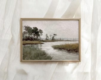 Stimmungsvolles Herbst-Sumpfland, gedämpfte Flusslandschaft, erdige grüne Landschaft, moderne Kunst zum Download