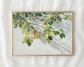 Aquarell Apfelbaum Zweig, sonnige grüne botanische Blätter, rustikale Vintage Cottagecore Küche druckbare Kunst