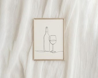 Minimalistische One Line Weinzeichnung, Schwarzweiss-Glasskizze, herunterladbare Küchenwandkunst